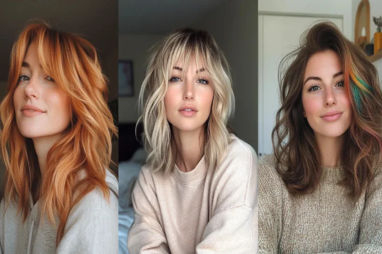 Collage of 33 modern choppy shag haircuts for women over 50.