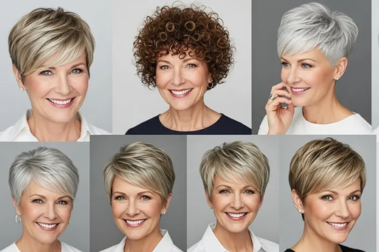 A beautiful, confident older woman (around 60–70) with a stylish modern pixie haircut, soft natural makeup