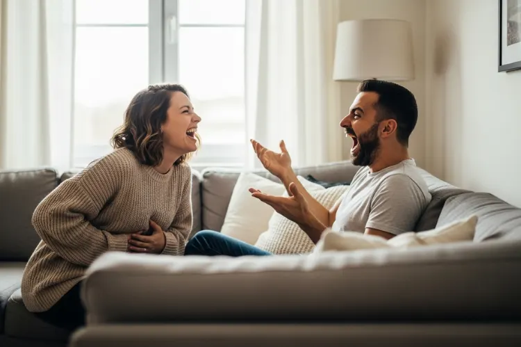 A couple facing each other on the couch, laughing dramatically while giving exaggerated compliments.