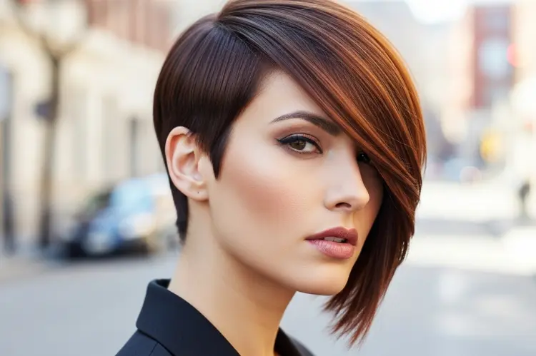 Asymmetrical pixie bob with one long side, modern and sharp.