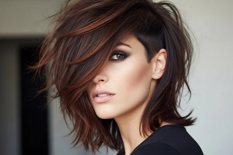 Asymmetrical shag with longer side and slimming lines.