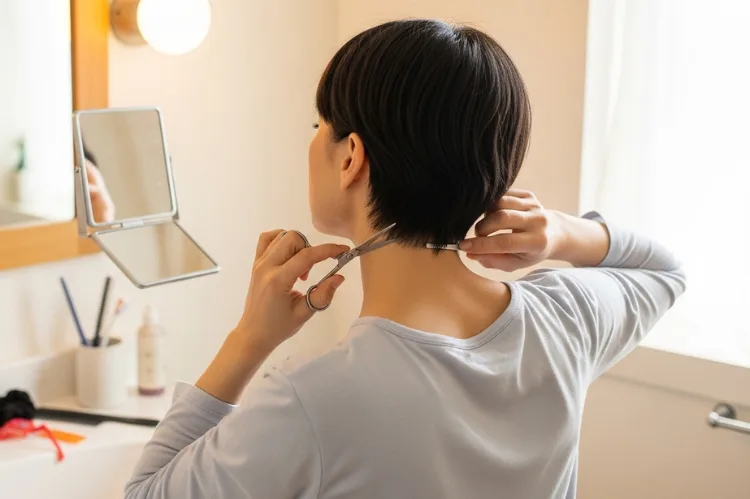 A woman trimming neck hair or styling pixie at home.