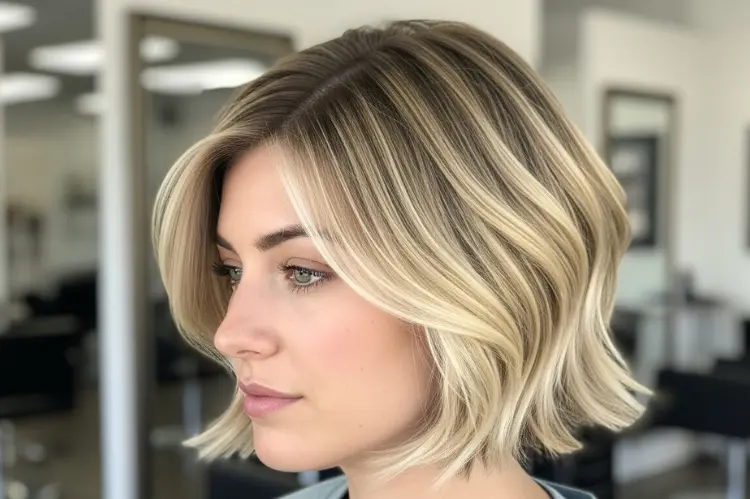 Balayage pixie bob with hand-painted blonde highlights, natural depth.