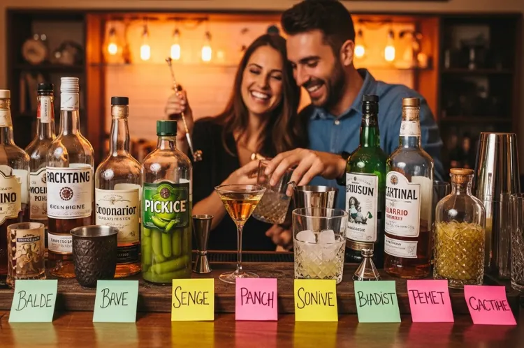 A messy DIY home bar setup. Random liquor bottles.