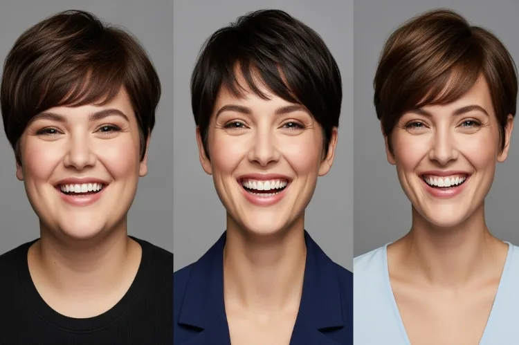 Three women with round, oval, square faces wearing short pixie bob styles.