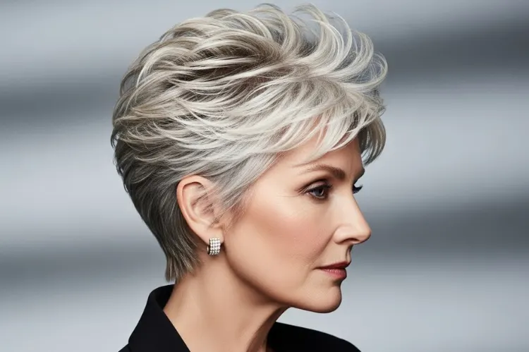A mature woman with fine, soft hair wearing a textured pixie cut.