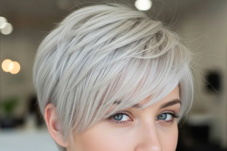 A hairstylist applying balayage highlights to short pixie hair — professional salon shot.