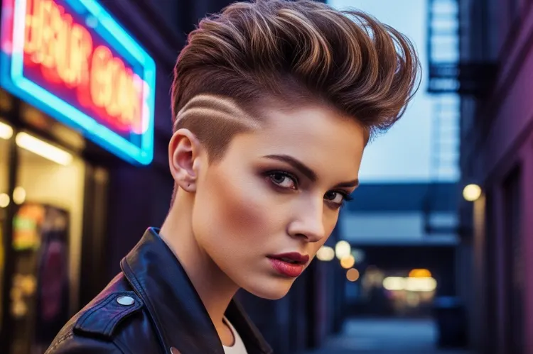 A bold woman with an undercut pixie haircut — shaved sides.