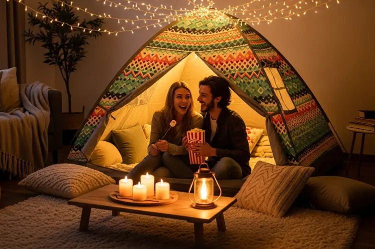 An indoor camping scene with a tent set up in a living room. 