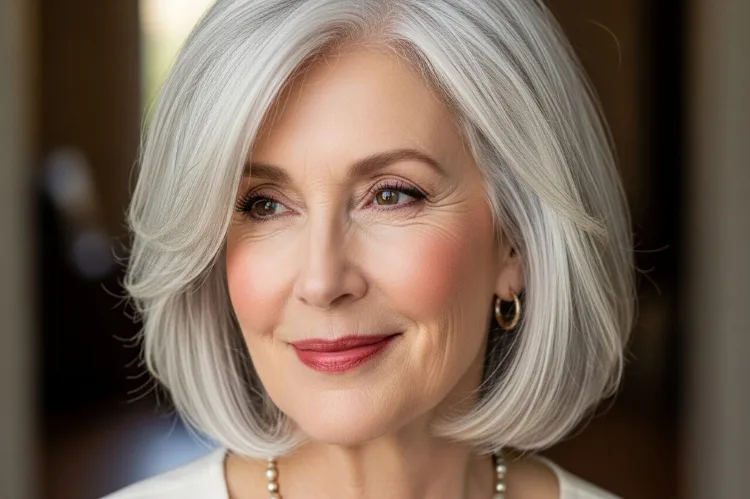 Woman in her mid-60s with a classic chin-length.