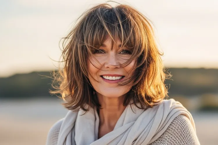 Confident older woman with medium-length choppy layers.