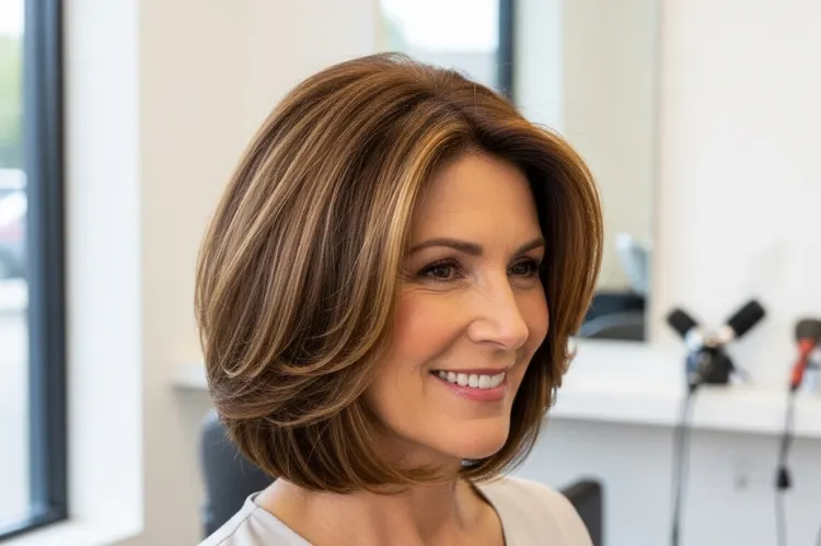 Mature woman smiling, wearing a chin-length layered bob with natural shine and volume.