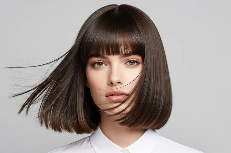 A shoulder-length blunt bob with full, classic bangs.