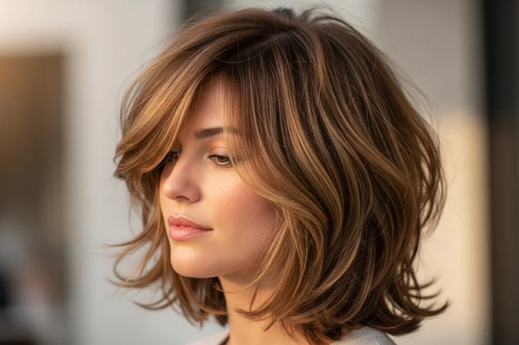 Shoulder-length choppy shag with soft layers and natural volume.