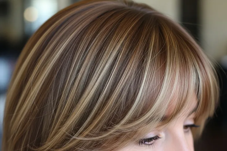 A close-up of a woman’s hair under salon lighting showing medium-length layers.