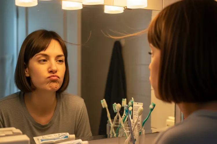 A woman looking frustrated in the mirror.