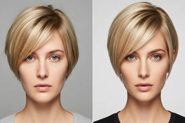Side-by-side comparison of poorly styled vs well-styled pixie bob on fine hair.