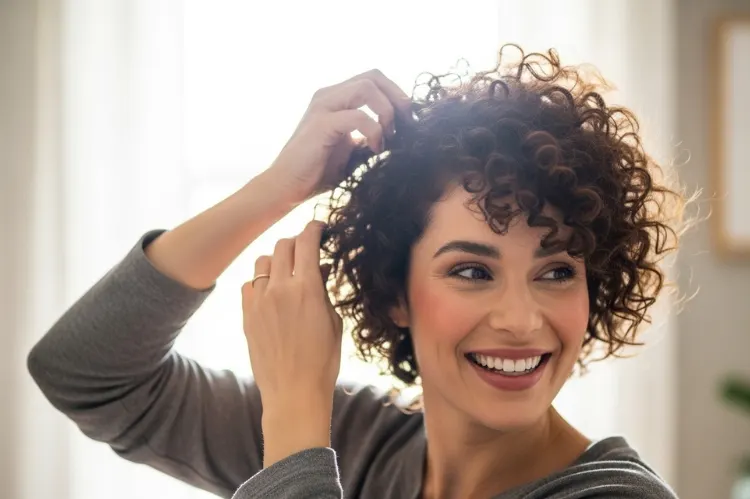 A woman with naturally curly pixie hair, smiling while styling.