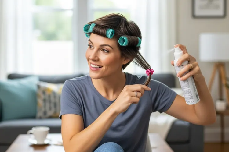 Woman using rollers and texturizing spray on short pixie bob.