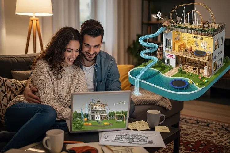 A couple sitting on a couch with a laptop showing a 3D dream house design.