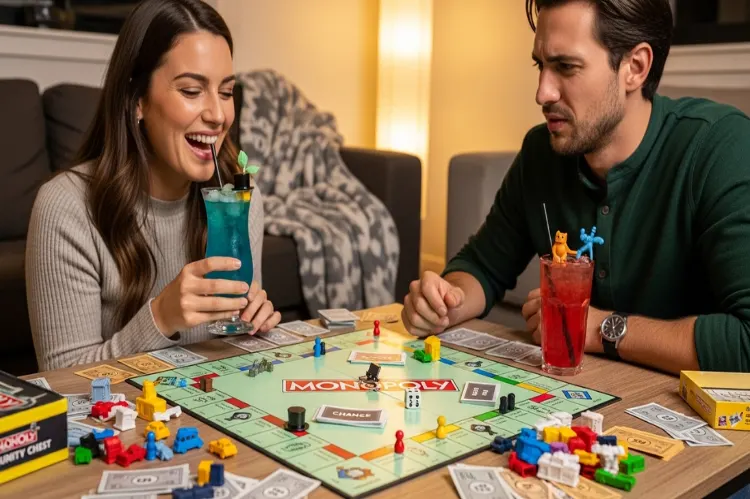 A couple playing Monopoly with themed cocktails beside them.