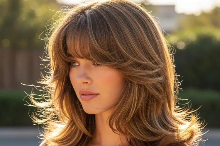 A medium feathered haircut with retro-inspired light.
