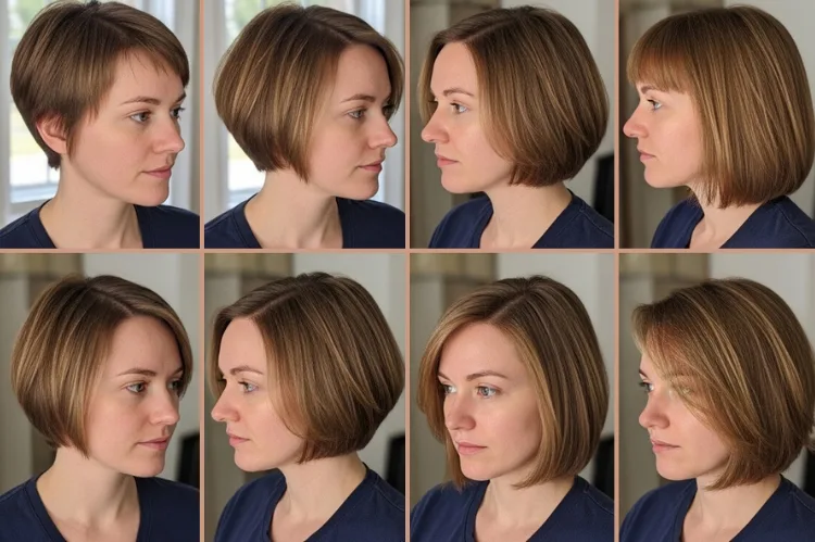 Time-lapse style collage showing pixie bob growing out month by month.