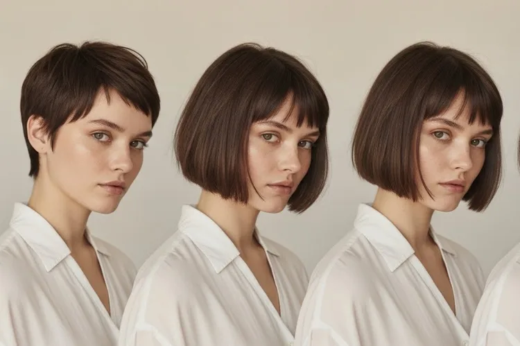 A series-style image showing a woman’s pixie growing from very short to a short bob.