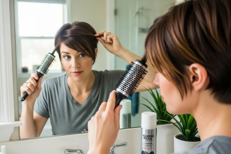 Woman styling short pixie bob with volumizing products and hair tools.