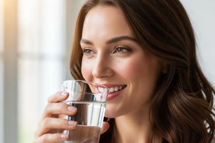 A healthy, glowing woman with radiant, hydrated skin smiling, holding a glass of water.