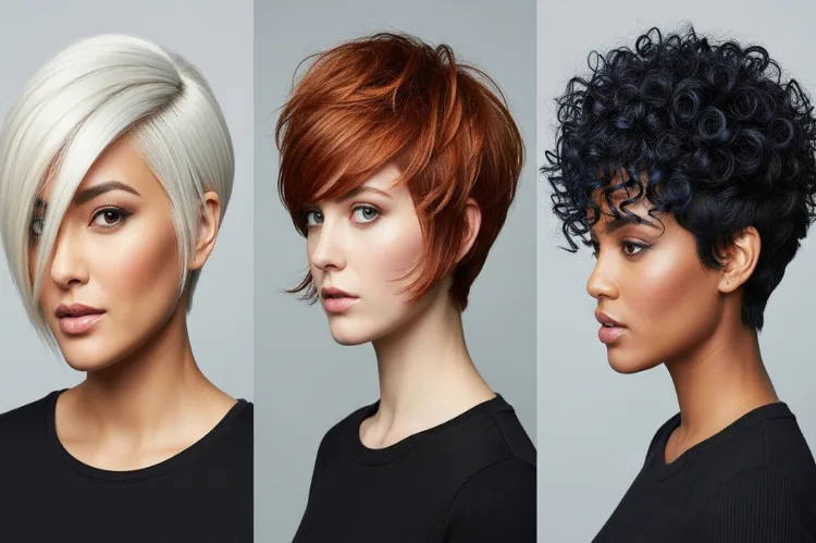 Trendy pixie bob hairstyles for 2025, different colors and textures.