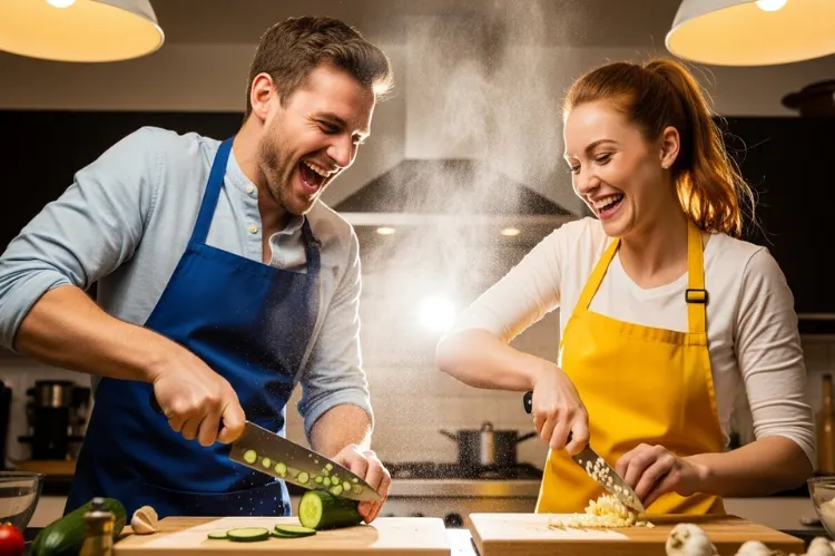 A lively kitchen scene where a couple competes in a playful cooking challenge.