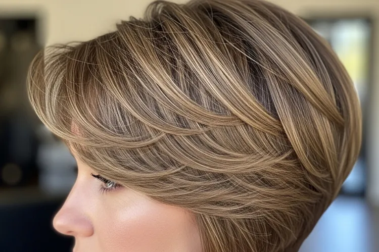 Close-up of fine hair pixie bob with layers, highlighting crown volume.