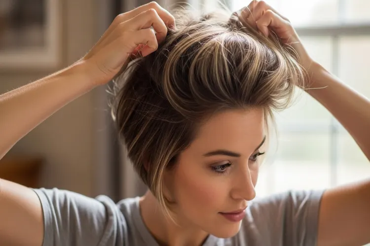 Fine-haired woman styling short pixie bob, showing volume and lift.
