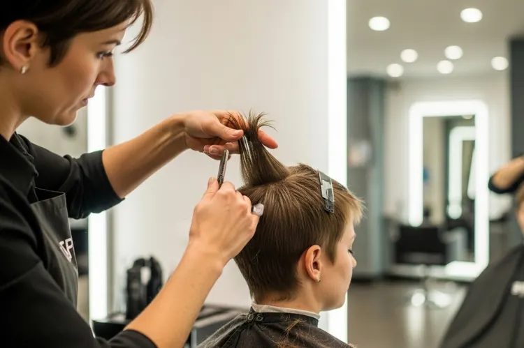 Stylist cutting fine hair pixie bob with point-cutting and razor technique.