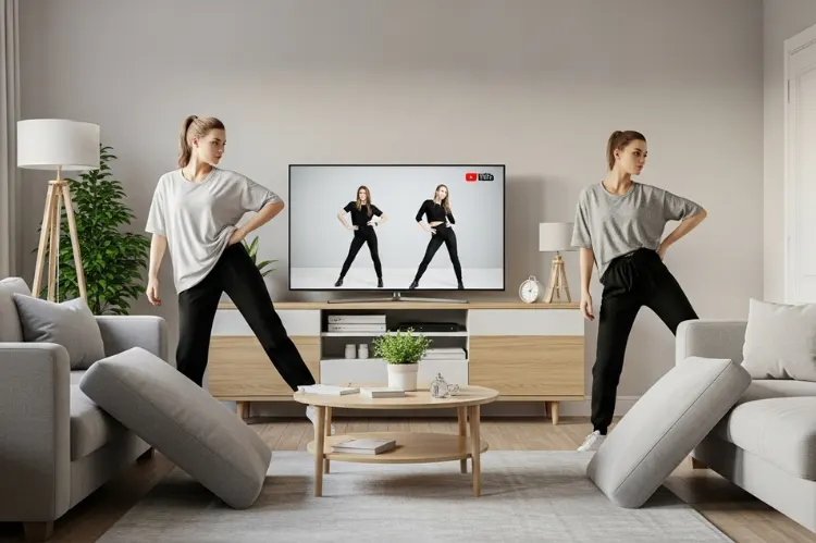 A living room with furniture pushed aside, a YouTube dance tutorial on TV. 