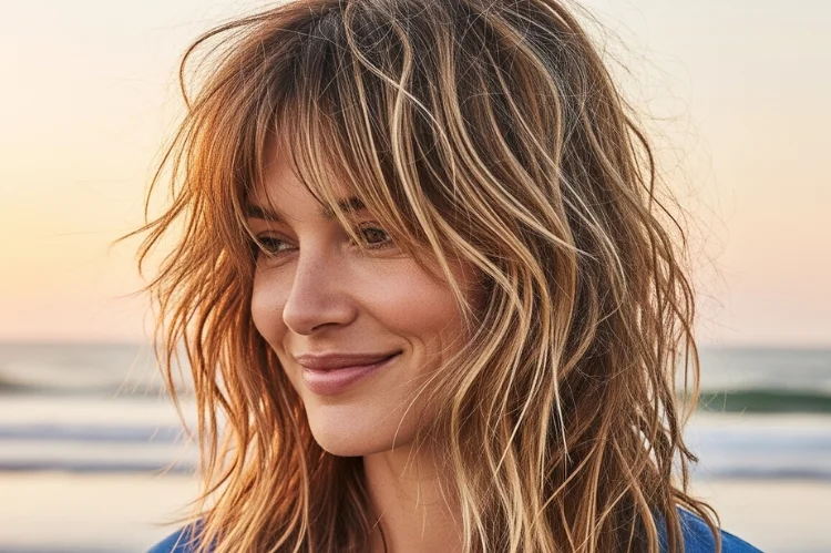 Beachy long shag with tousled, sun-kissed texture.