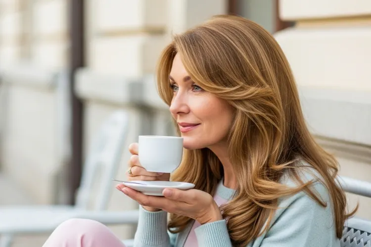 Mature lady with long layered hair curving around her face.