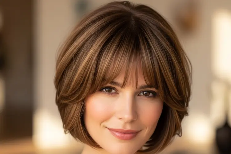 Long pixie bob with face-framing bangs, soft and feminine.