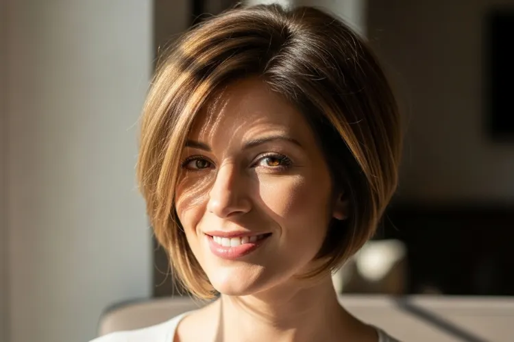 A woman with medium-length pixie growing into a bob.