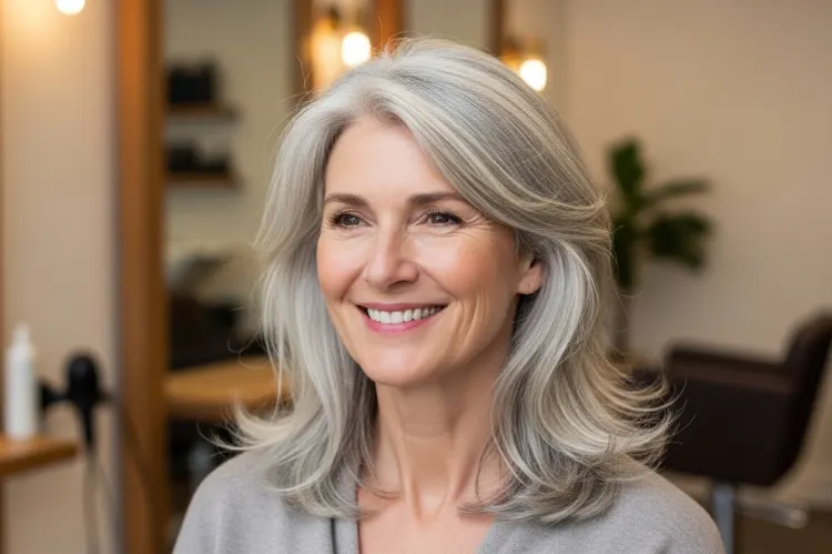 A stylish, confident woman in her early 60s with natural silver hair wearing.