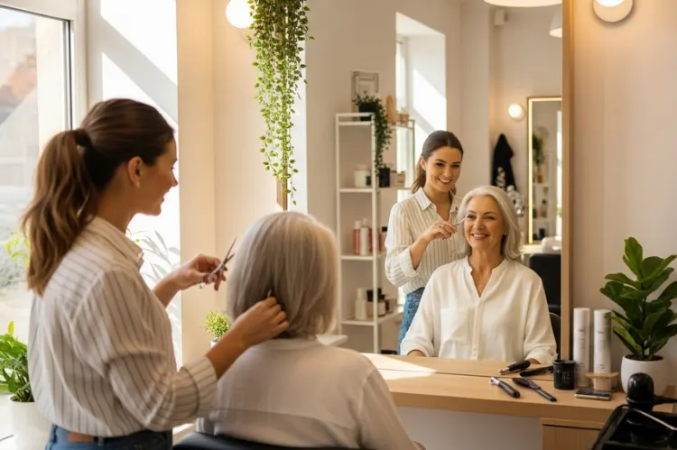 A mature woman visiting a salon for a light trim.