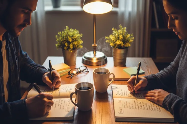 A couple sitting on a couch with a laptop showing a 3D dream house design.