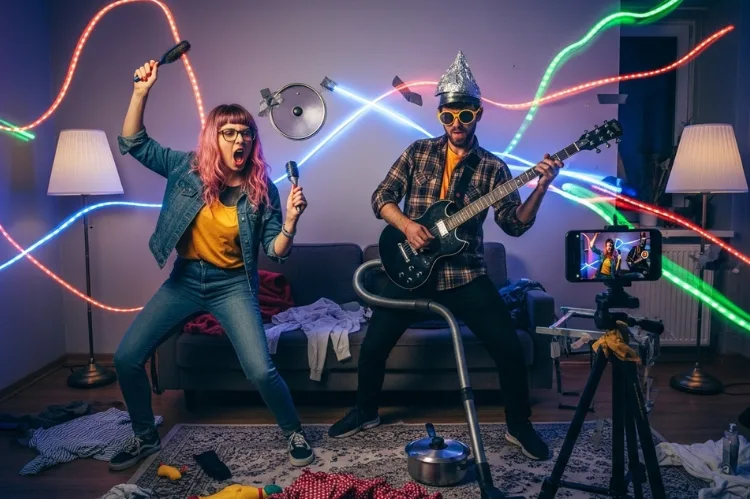 A couple filming a chaotic homemade music video with a phone.