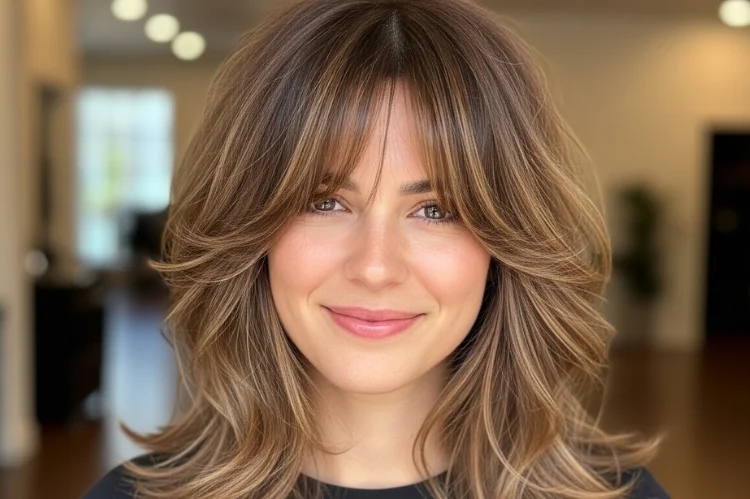 Medium shag with curtain bangs and airy piece-y texture.