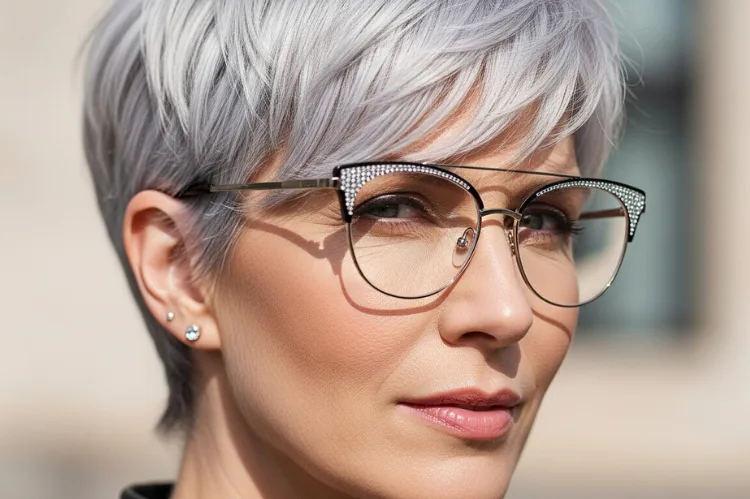 A woman with short silver pixie cut and textured bangs.
