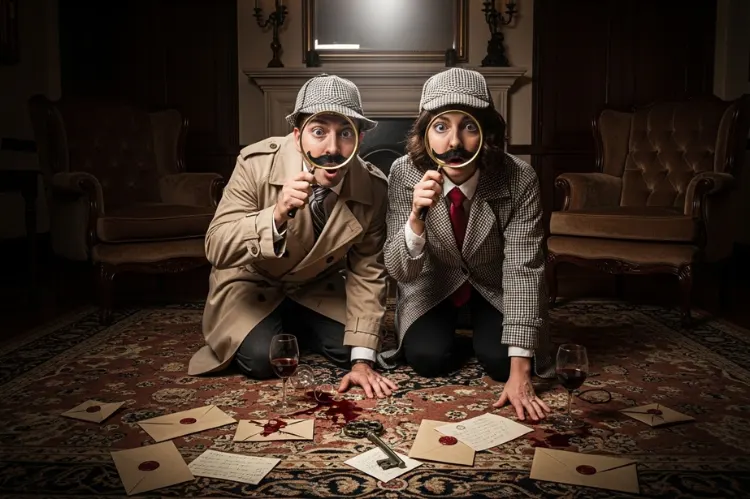 A dramatic living-room murder mystery scene.