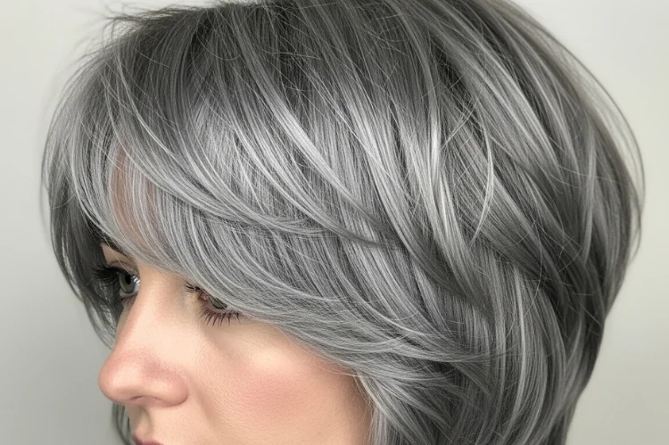 Natural gray shag with textured layers and silver shine.