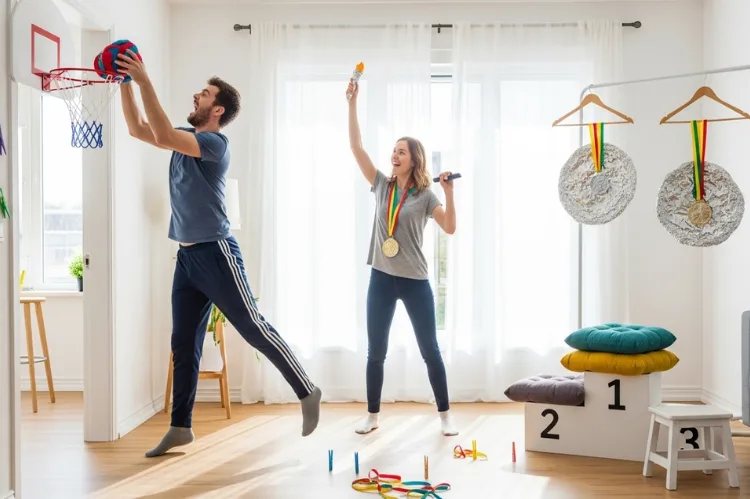 A humorous indoor ‘home Olympics’ scene: