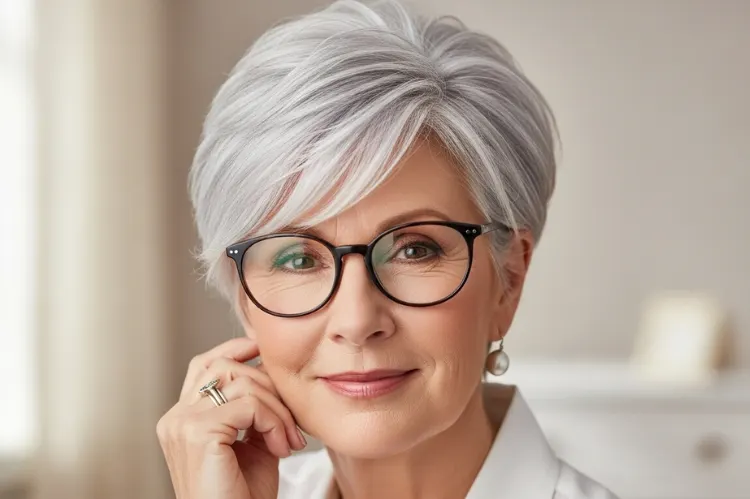 A mature woman over 50 with fine short pixie hair.